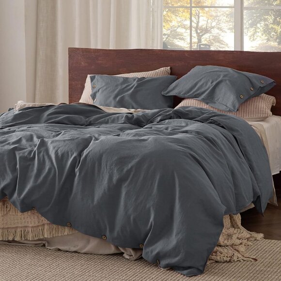 Bedsure Linen Duvet Cover Queen Charcoal Grey - Picture 5 of 11